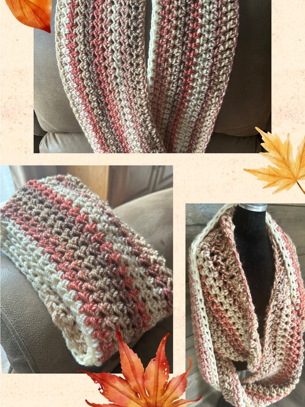 Handmade Crochet Infinity Scarf in Cream, Tan and Coral